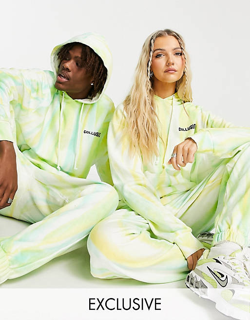 COLLUSION Unisex tie dye hoodie with embroidery in green (part of a set)