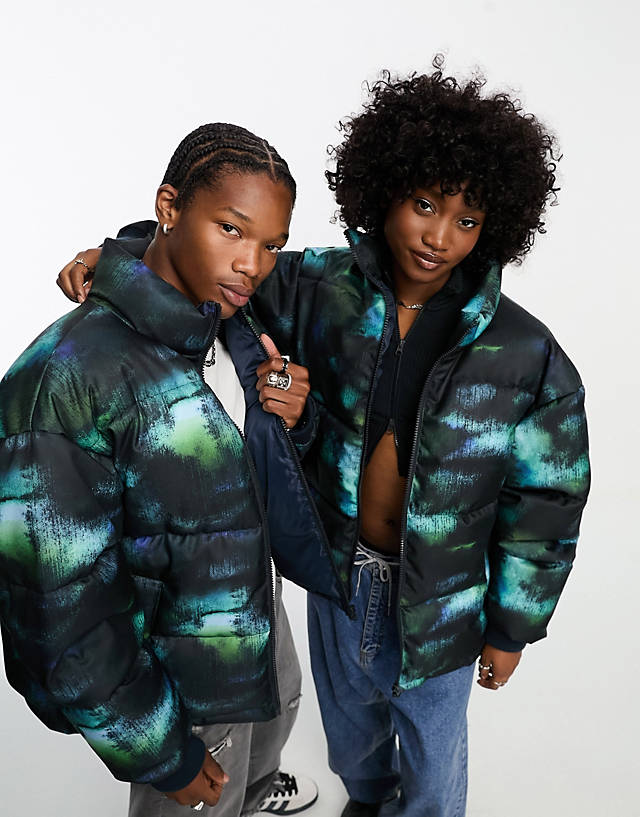 Collusion - unisex tie dye puffer coat in blue and black