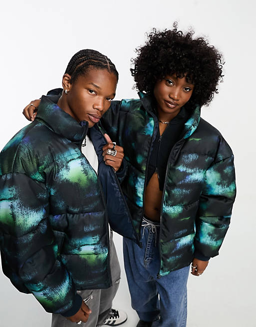 COLLUSION Unisex tie dye puffer coat in blue and black | ASOS