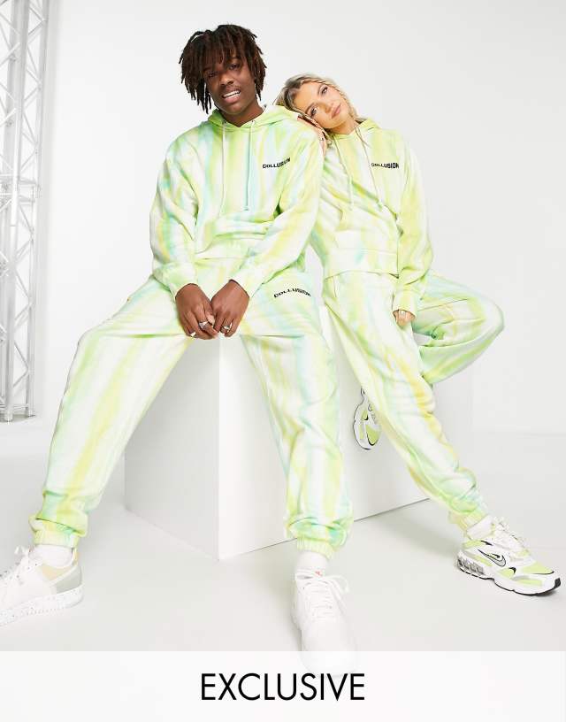 COLLUSION Unisex tie dye sweatpants with embroidery in green - part of a set