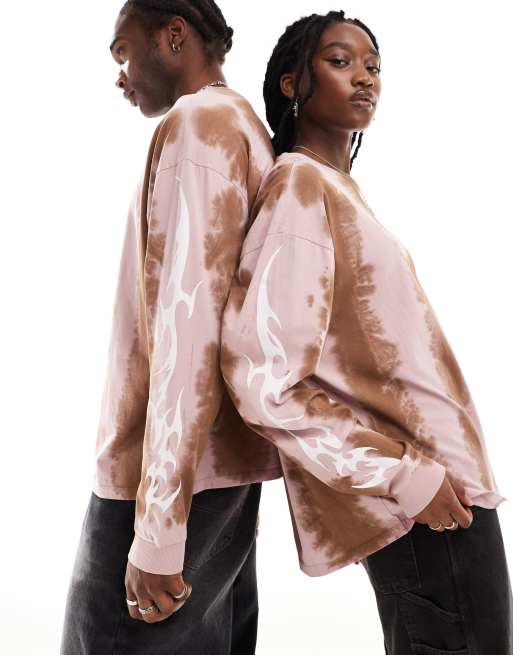COLLUSION Unisex - Tie-dye T-shirt met lange mouwen in roze en bruin