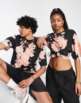 COLLUSION Unisex tie dye t-shirt with logo embroidery in black and pink