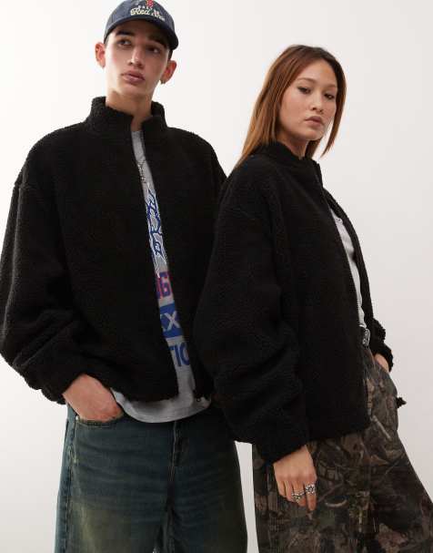 COLLUSION Unisex - Top en imitation peau de mouton à col cheminée zippé - Anthracite - view 1