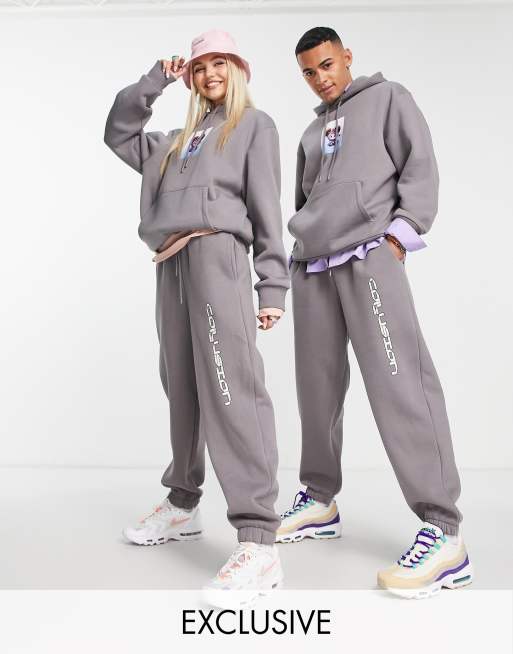 COLLUSION Unisex trackies with cute print in charcoal (part of a set)
