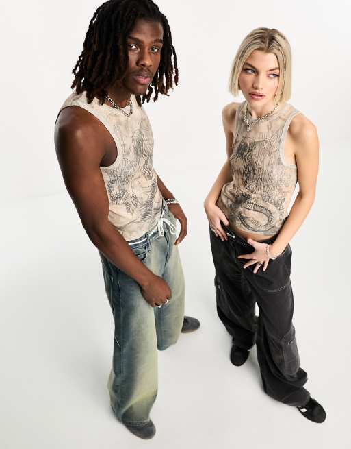 COLLUSION Unisex – Trägertop aus Netzstoff in Sand mit Meerjungfrau-Print