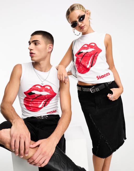 COLLUSION Unisex – Trägertop in Weiß mit lizenziertem Rolling Stones-Grafikprint 