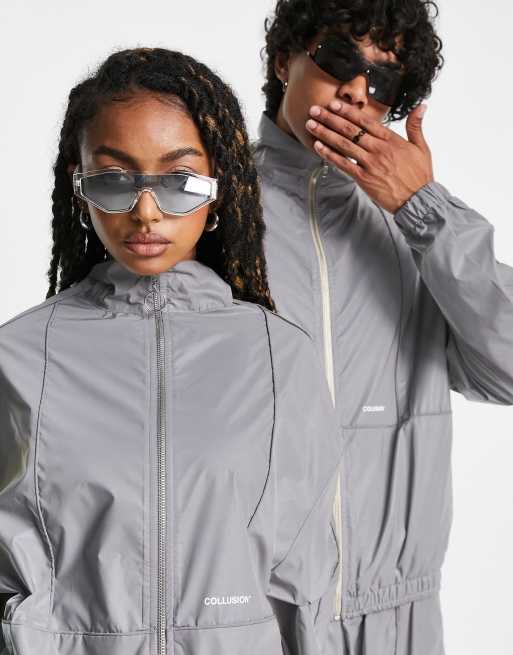 COLLUSION Unisex - Trainingsjack in zilverkleurige reflecterende stof, deel van co-ord set, 3 van 4