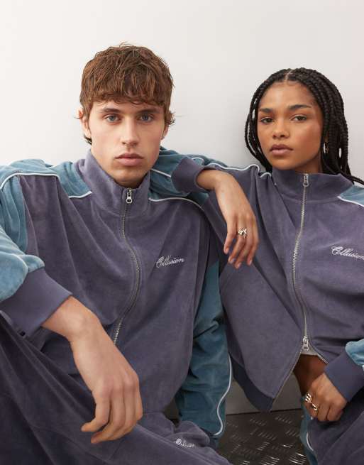COLLUSION Unisex – Trainingsjacke aus Velours in Lila und Blau, 4 von 4