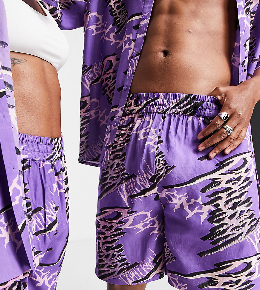 Collusion Unisex Typo Print Shorts In Purple - Part Of A Set