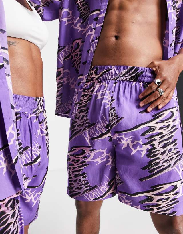 COLLUSION Unisex typo print shorts in purple - part of a set