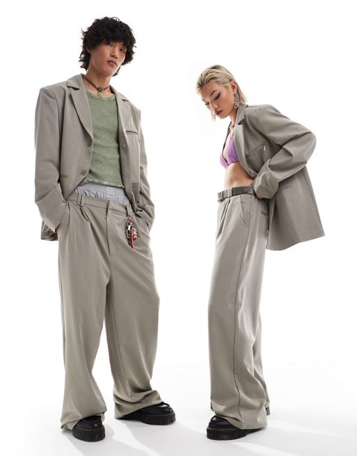 COLLUSION Unisex ultimate suit pants in stone (part of a set)