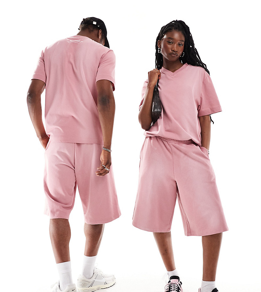 COLLUSION Unisex v neck skate t-shirt co-ord in washed pink