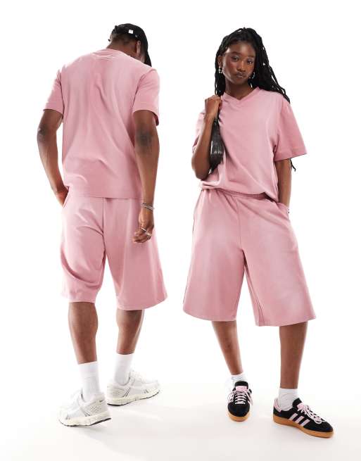 COLLUSION Unisex v neck skate t-shirt in washed pink (part of a set)