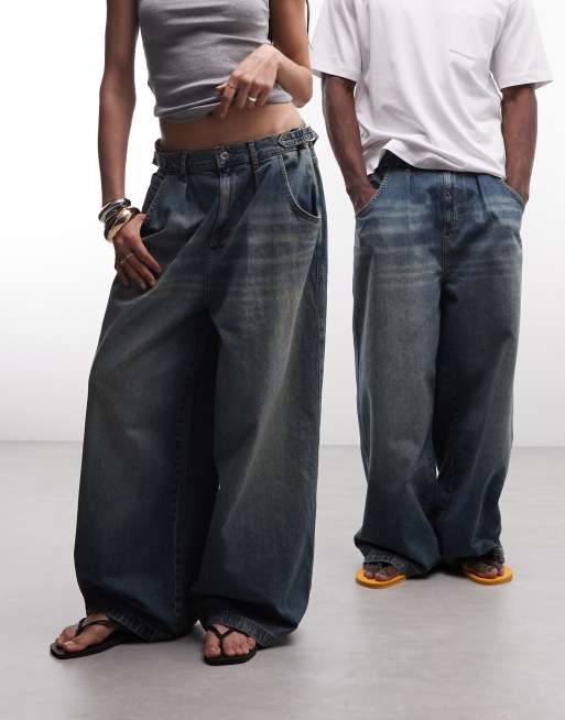 COLLUSION Unisex - Vaqueros azules de corte holgado extragrande con lavado medio, 2 de 5