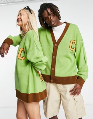 COLLUSION Unisex varsity cardigan in olive green