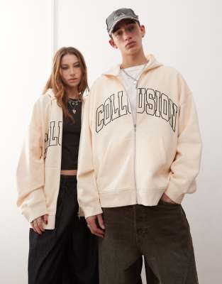 Unisex varsity embroidered zip through hoodie in ecru-White