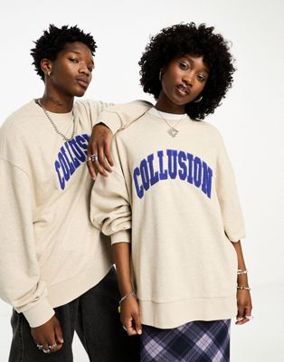 COLLUSION Unisex varsity embroidery oversized sweatshirt in oatmeal - ASOS Price Checker