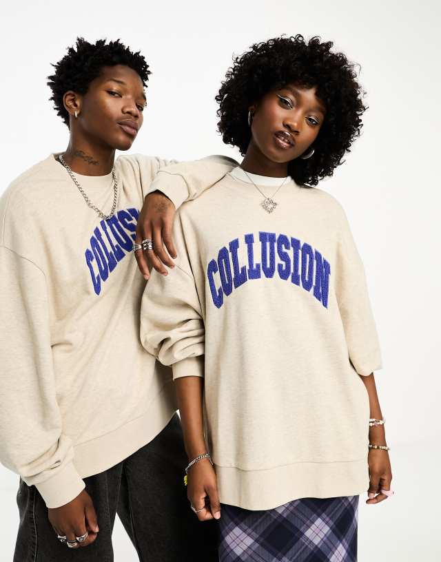 Collusion - unisex varsity embroidery oversized sweatshirt in oatmeal