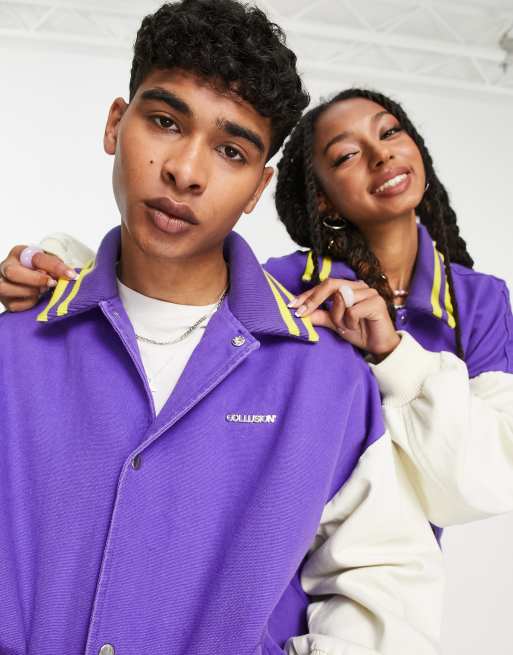 COLLUSION Unisex varsity jacket in purple and cream