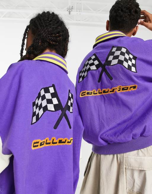 COLLUSION Unisex varsity jacket in purple and cream | ASOS