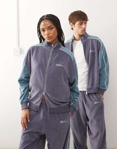 COLLUSION Unisex velour track jacket in purple and blue
