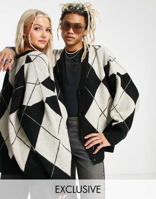 COLLUSION Unisex - Vest met argyle-patroon in zwart en ecru