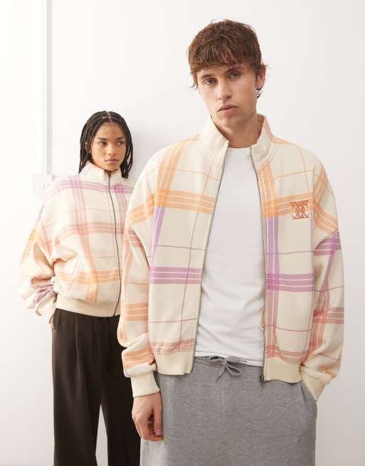 COLLUSION Unisex - Veste de survêtement coupe carrée à carreaux en tissu molletonné , 2 de 4