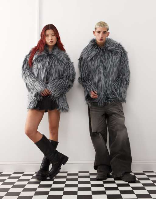 COLLUSION Unisex - Veste en fausse fourrure avec liserés contrastants - Gris, 2 de 4