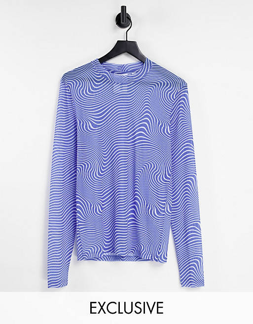 COLLUSION Unisex warped stripe mesh long sleeve t-shirt in blue