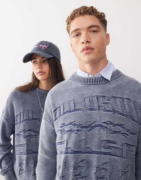 COLLUSION Unisex washed branded jumper in blue - view 1