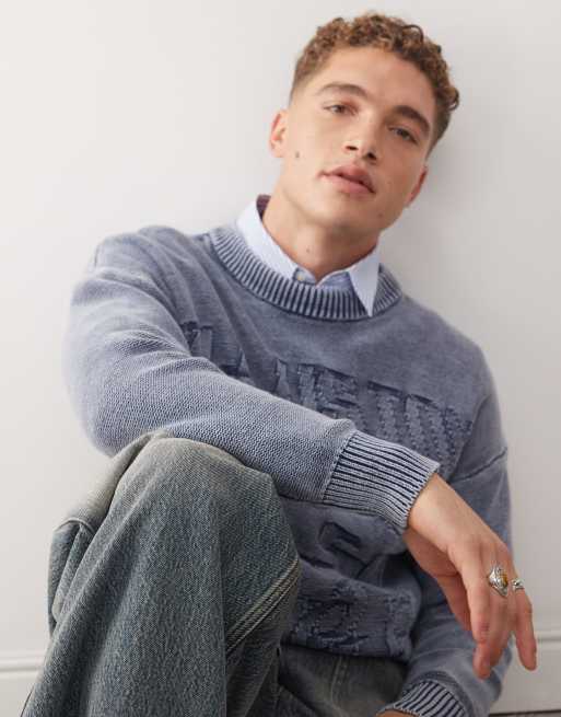 COLLUSION Unisex washed branded jumper in blue, 3 of 4