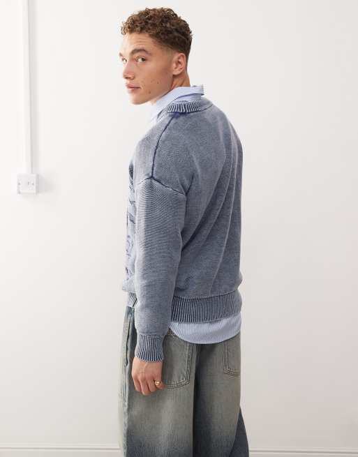 COLLUSION Unisex washed branded jumper in blue, 4 of 4
