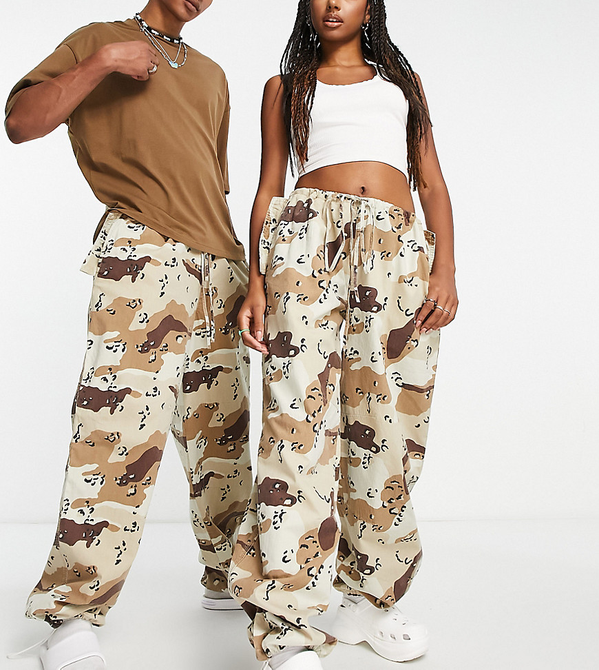 COLLUSION Unisex washed camo oversized cargo pants in brown