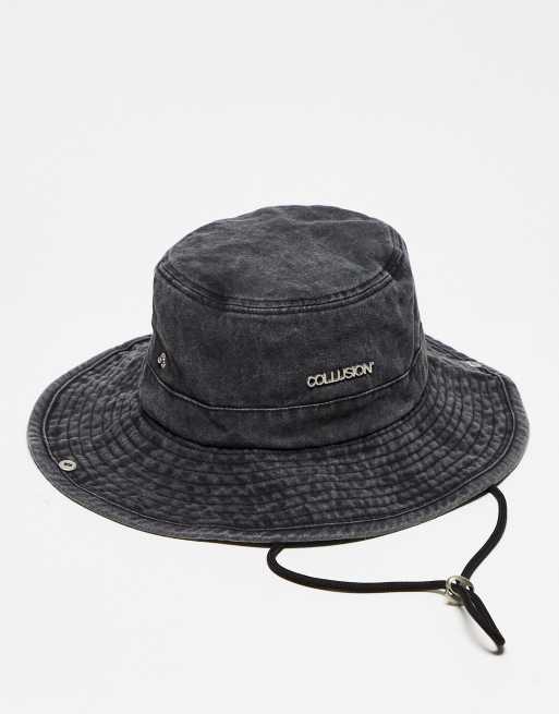 COLLUSION Unisex washed denim bucket hat with string in black