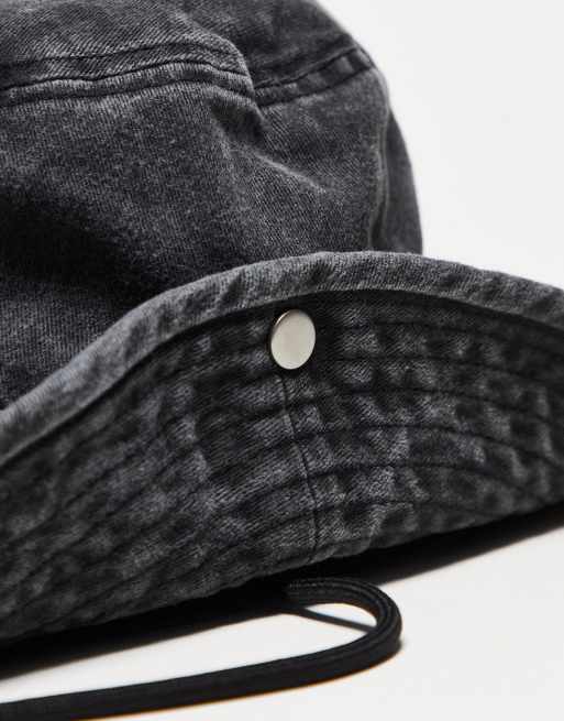 COLLUSION Unisex washed denim bucket hat with string in black