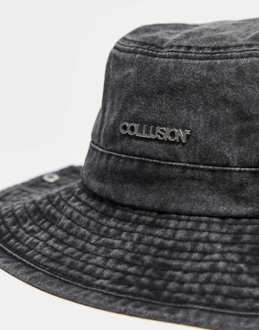 COLLUSION Unisex washed denim bucket hat with string in black