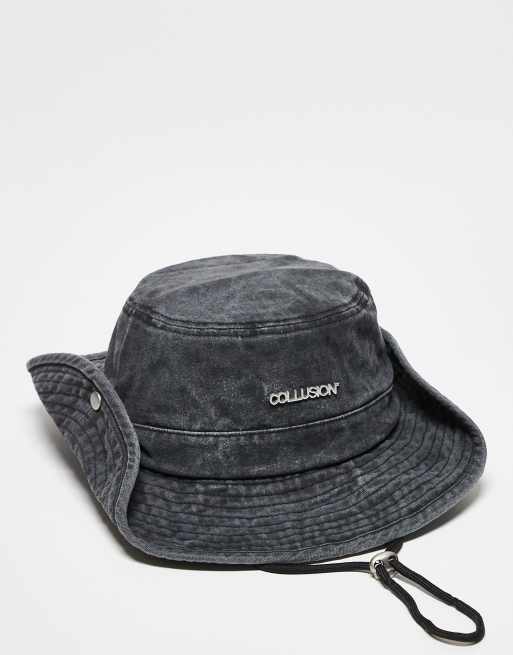  COLLUSION Unisex washed denim bucket hat with string in black