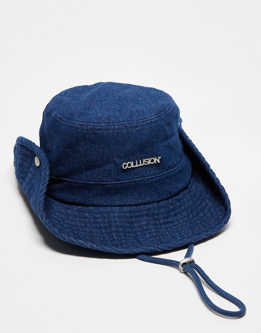Collusion Unisex Washed Denim Bucket Hat With String In Raw Denim Blue