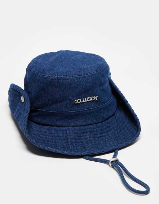 COLLUSION Unisex washed denim bucket hat with string in raw denim blue