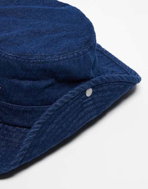 COLLUSION Unisex festival washed denim bucket hat with string in blue