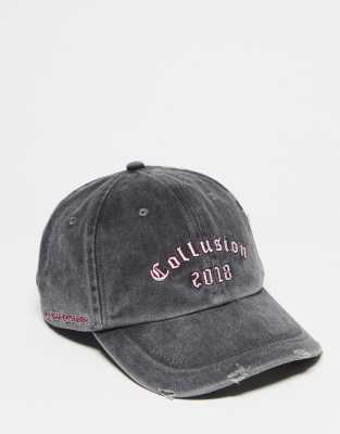 COLLUSION Unisex washed distressed slogan collegiate cap in grey - ASOS Price Checker