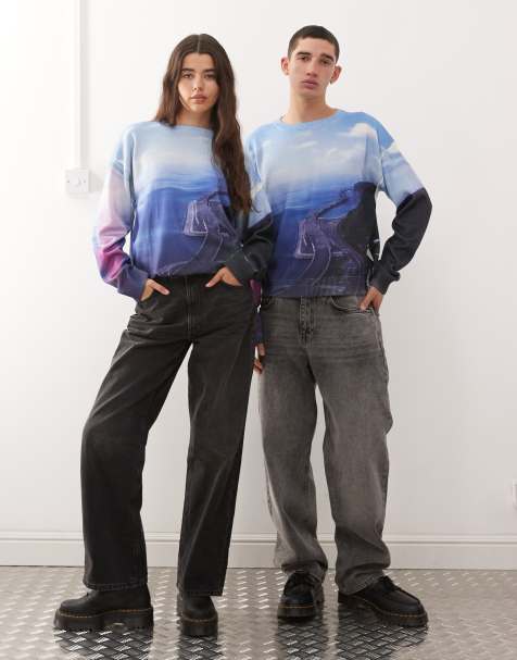 COLLUSION unisex oversized washed knitted jumper with scenic graphic print in blue