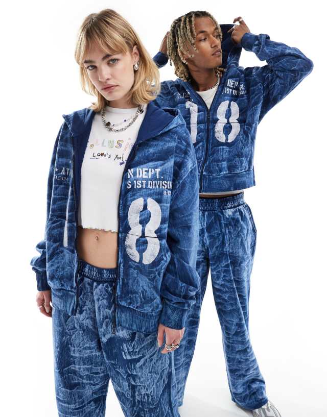 Collusion - unisex washed skater hoodie in blue co-ord