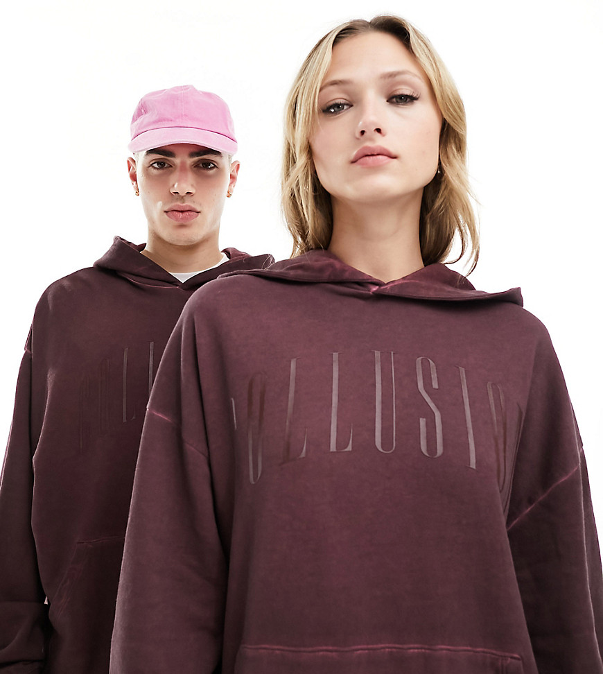 Collusion Unisex Washed Skater Hoodie In Burgundy-red