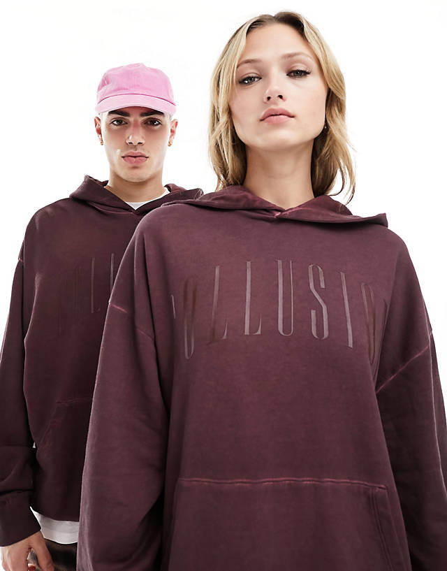 Collusion - unisex washed skater hoodie in burgundy