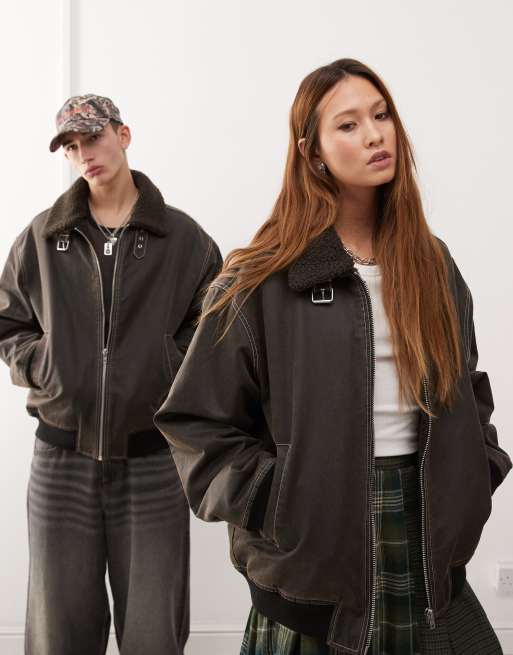 COLLUSION Unisex waxed bomber jacket in washed grey ASOS