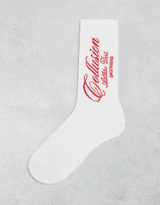 COLLUSION Unisex white socks with red print