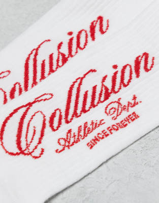 Collusion Unisex White Socks With Red Print