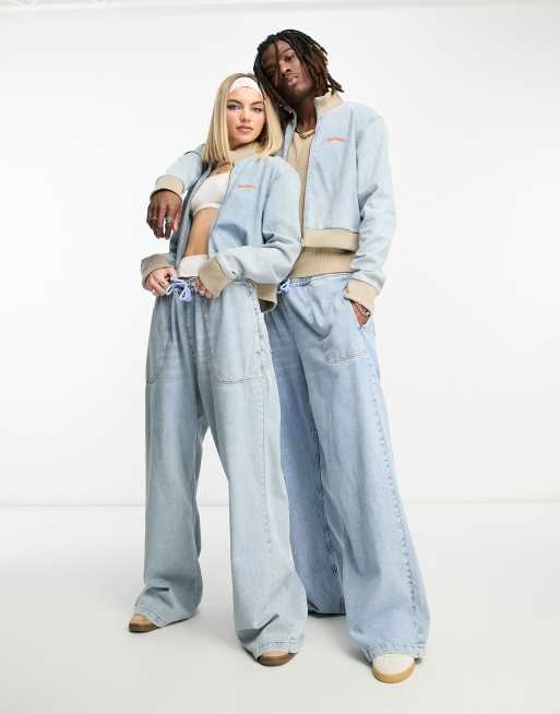 COLLUSION Unisex wide leg jeans with stitched branding co-ord in light blue - LBLUE