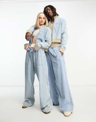 COLLUSION Unisex wide leg jeans with stitched branding in light blue - part of a set